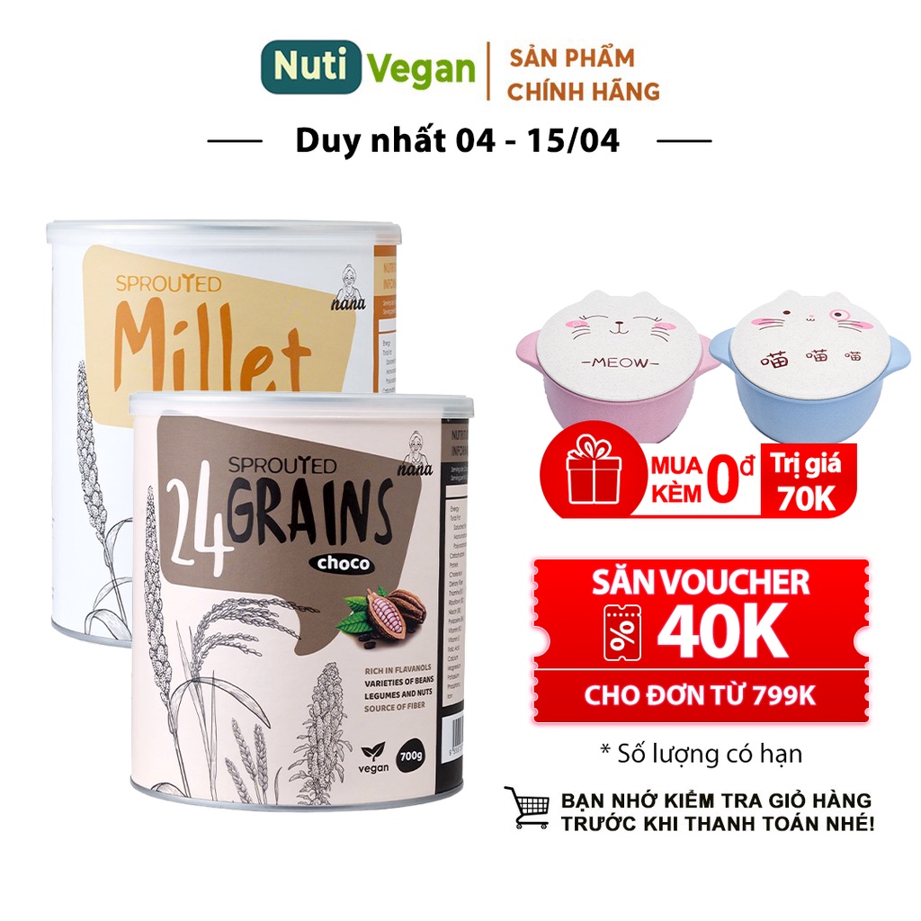 Sữa Hạt Hữu Cơ Millet Vị Gạo &amp; 24 Grains Vị Cacao Malaysia, Hộp 700g, Sữa Dinh Dưỡng Cho Người Lớn - nutivegan