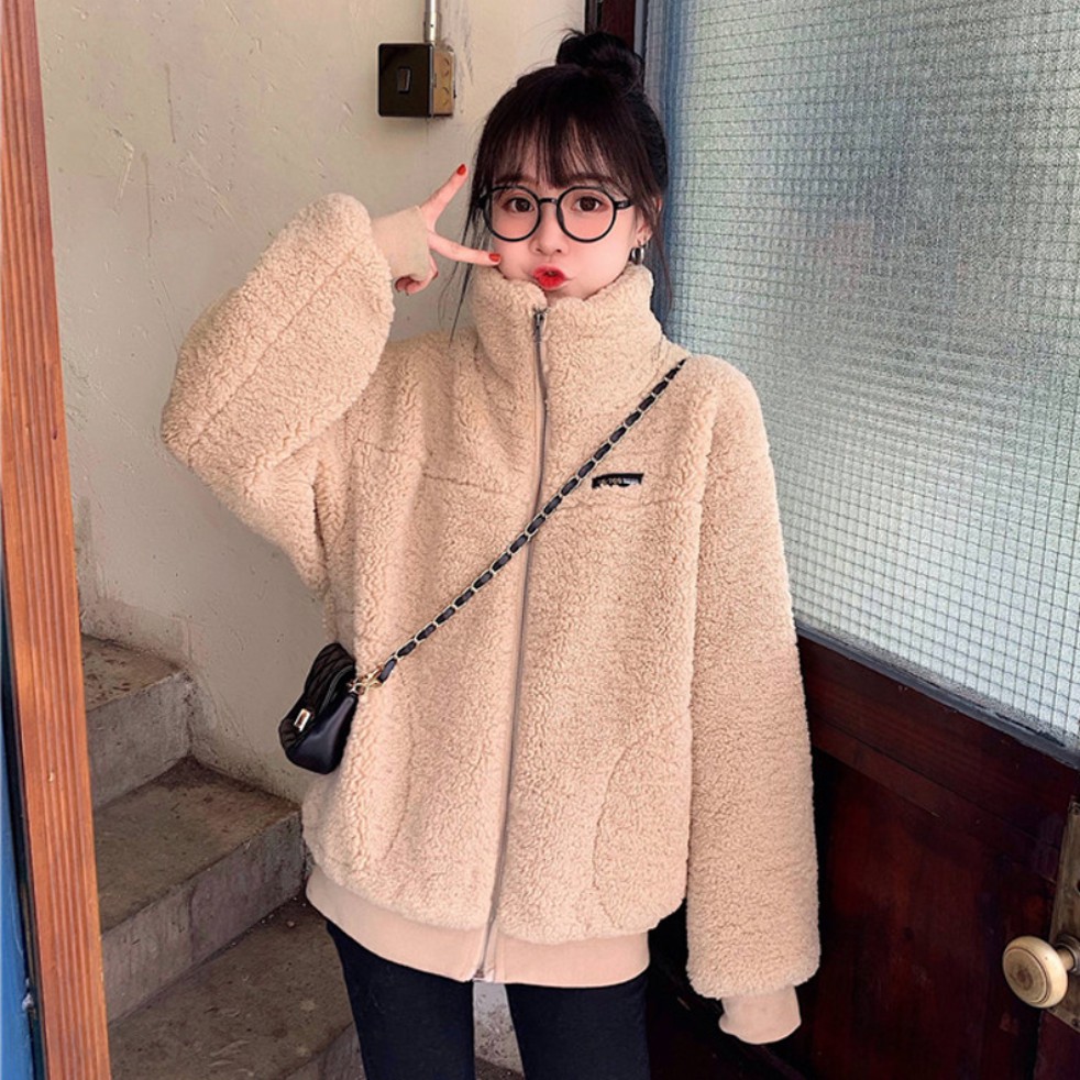 Áo Khoác nữ form rộng, áo khoác lông cừu Ulzzang nữ cổ đứng màu be | BigBuy360 - bigbuy360.vn