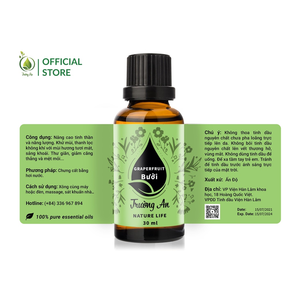 Tinh dầu Bưởi Grapefruit Trường An Essential Oil, xuất sứ thiên nhiên không pha tạp chất, có giấy kiểm định COA