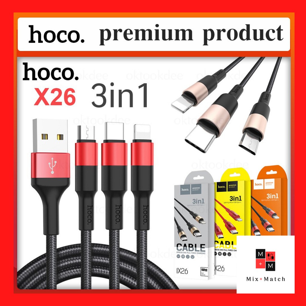 Cáp Sạc Hoco X26 3 Đầu IPhone - Micro Usb - Type C Dây Dù Chống Đứt Dài 1M - Hàng chính hãng - Bảo hành 1 đổi 1