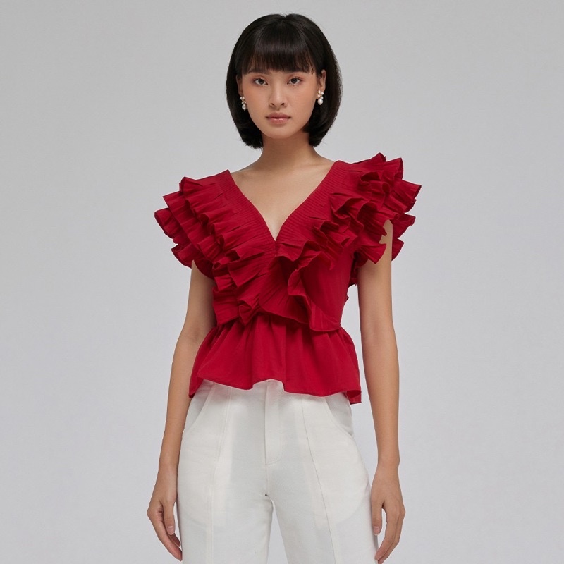 Áo xếp li cổ V cánh tiên