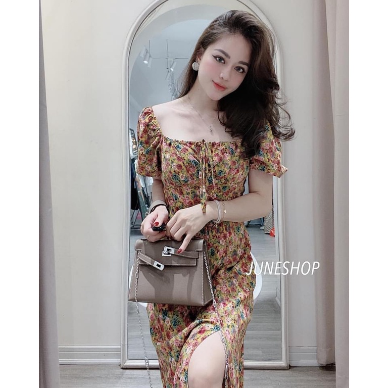 Váy đầm yếm hoa nhí vintage nhún ngực eo body cổ vuông hoặc trễ vai dáng maxi xẻ vạt sexy sang chảnh đi chơi chụp ảnh