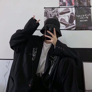 [SẴN+ẢNH THẬT] Áo blazer đen oversize form rộng kèm phụ kiện chuỗi + ghim băng unisex Ulzzang siêu chất ❤️