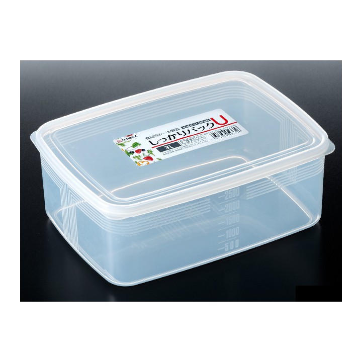 Hộp nhựa đựng thực phẩm hình chữ nhật 3 lít, có vạch chia mililit, sx tại Nhật. 21x15.6cm cao 8.1cm. H316