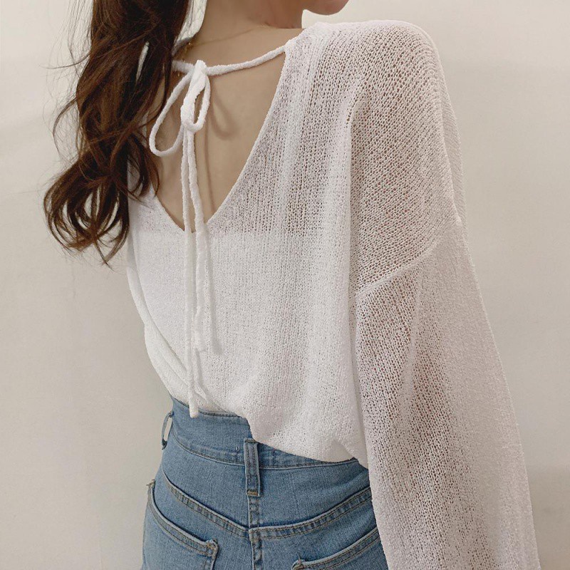 Korean Ice Silk Sweater Hollow Thin Blouse Sun Shirt Sense of DesigninsBackless Women's Long SleevevCollar Transparent Top