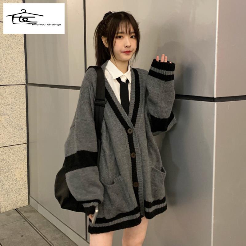 Hàng Có Sẵn Bán Chạy~Áo Khoác Cardigan Dệt Kim Màu Xám Dễ Phối Đồ Thời Trang Thu Đông Phong Cách Hàn Quốc Cho Học Sinh