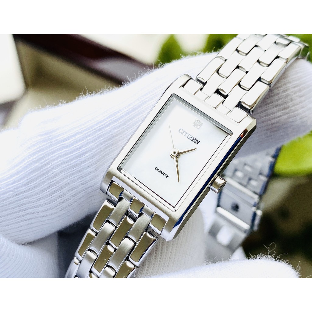 Đồng hồ Nữ chính hãng Citizen Quartz EJ6121-51D Mặt vuông,trắng-Máy Pin-Dây kim loại cao cấp-Size 18mm