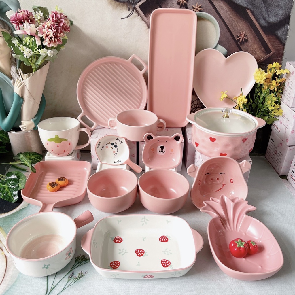 Bộ Chén Sứ Bát Ăn Cơm Bộ Bát Đĩa Decor Chén Dĩa Sứ Màu Hồng Siêu Dễ Thương Cute Cao Cấp S152