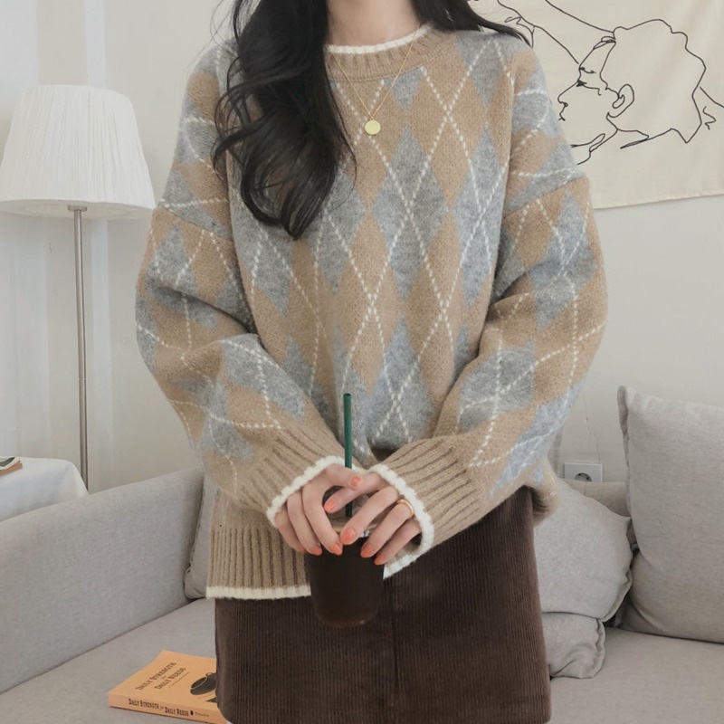 Áo Sweater Dệt Kim Tay Dài Dáng Rộng Cổ Tròn Màu Sắc Tương Phản Phong Cách Hàn Quốc Thời Trang Mùa Thu Cho