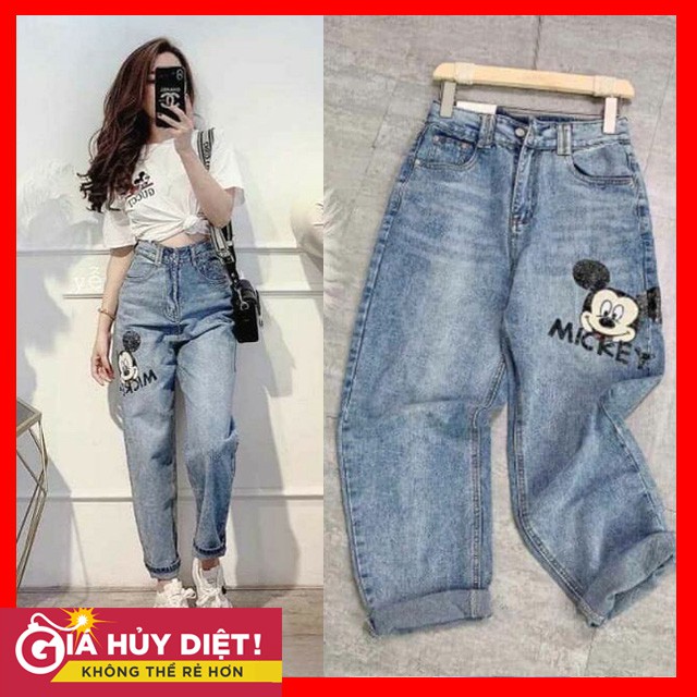 Quần Jean Baggy In Mickey Năng Động Cá Tính - Quần Baggy Nữ - Quần Mickey Đen