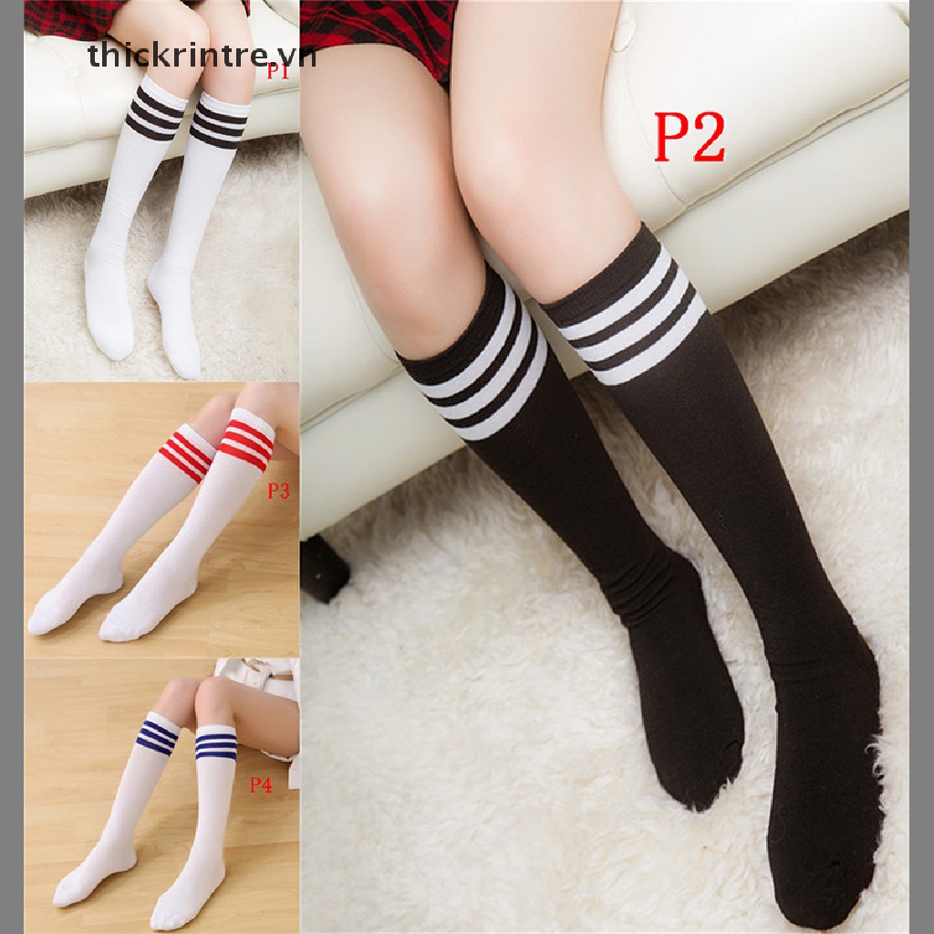 Vớ Cotton Cao 3 Đường Kẻ Sọc Màu Trơn Cho Nữ