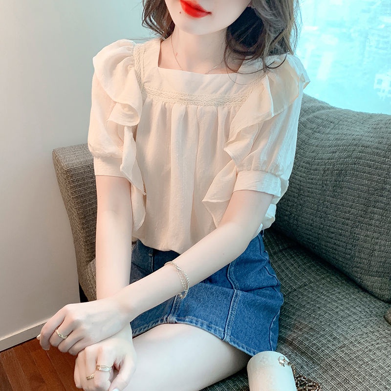 Áo Sơ Mi Tay Ngắn Cổ Vuông Phong Cách Thời Trang Hàn Quốc Cho Nữ