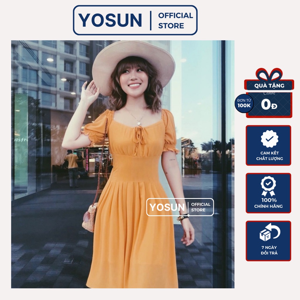 Đầm Nữ Dạo Phố Cổ U Thắt Nơ Tay Ngắn Bo Trẻ Trung, Đầm Nữ Form Xòe Bo Eo Màu Vàng Hồng Đỏ