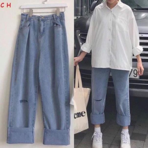 Sét quần jeans ống rộng rách gối + áo sơmi trơn dài tay