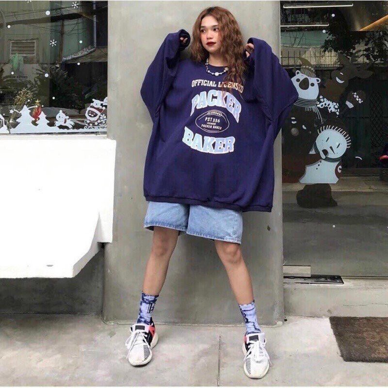 Áo Sweater Nữ Dài Tay PACKER Áo Nỉ Tăm Cổ Tròn Màu Xanh Form Rộng Unisex Cá Tính | BigBuy360 - bigbuy360.vn