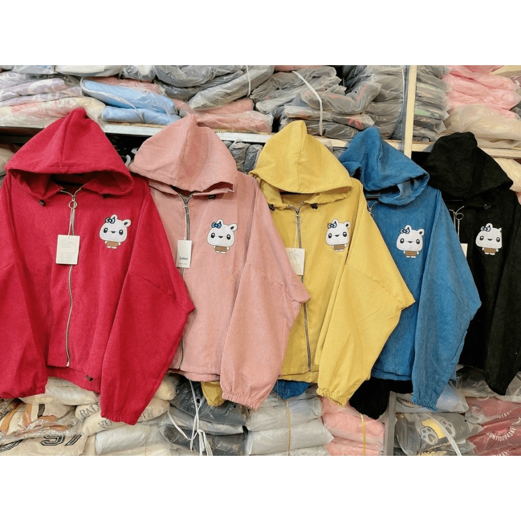 Áo Khoác Nữ Form Rộng Thêu Logo Thỏ Trắng Vải Nhung Gân Phong Cách Ulzzang  TP[NewUnisex]