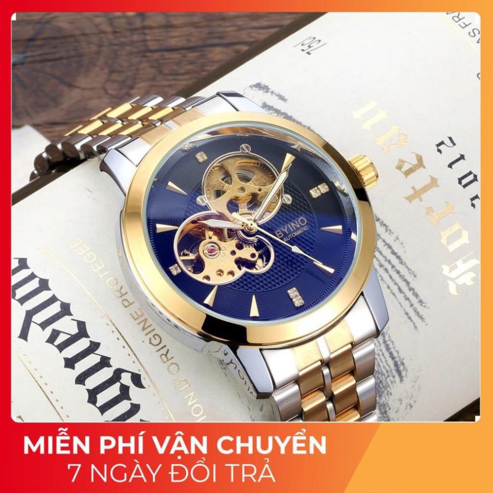 Free ship - Thời trang cao cấp  Đồng hồ cơ nam Byino 8885 dây thép không gỉ cơ lộ thiên