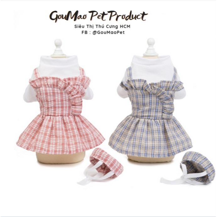 [Mã PET50K giảm Giảm 10% - Tối đa 50K đơn từ 250K]  váy mùa hè dành cho chó mèo : váy caro + nón