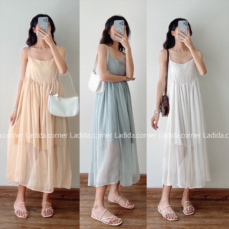 Váy đầm maxi hai dây dáng dài chất voan tơ mềm 2 lớp đi biển chụp ảnh đẹp Ladida