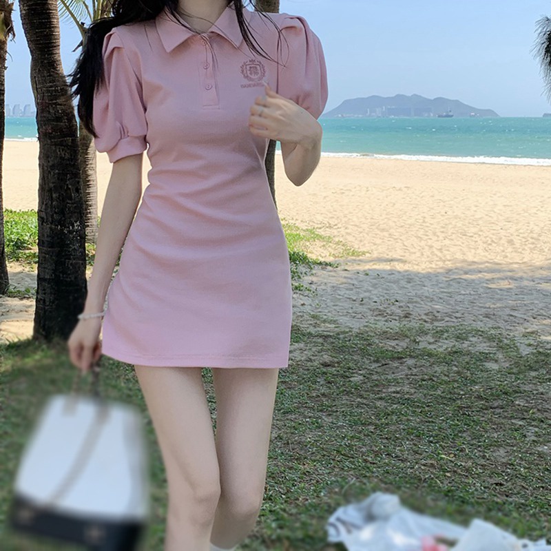 Đầm Tay Ngắn Màu Trơn Dáng Ôm Thời Trang Mùa Hè Hàn Quốc Cho Nữ