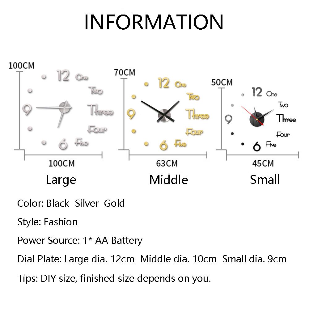 Đồng hồ dán tường mặt gương hình chữ số 3D MIHAN1 tự dính trang trí phòng khách