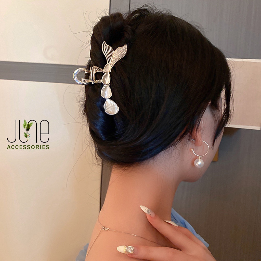 Kẹp tóc càng cua nữ hình đuôi cá đính hạt trai kim loại bền đẹp thời trang Hàn Quốc, June accessories