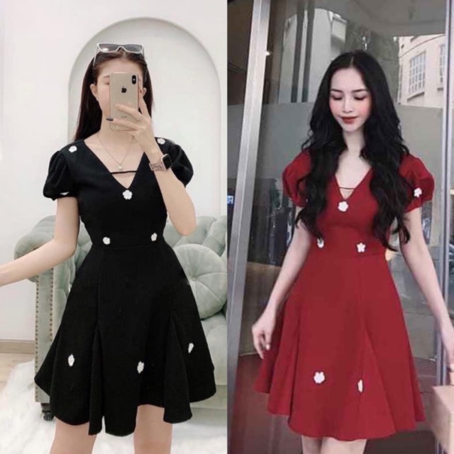 [Mã WASTMAY giảm 15% tối đa 30K đơn 150K] Đầm xoè đen đính hoa nổi