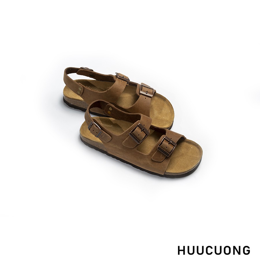 Sandal 2 khóa Da Bò Nâu / Đen HuuCuong đế trấu hàng chính hãng Hữu Cường, chất lượng cao