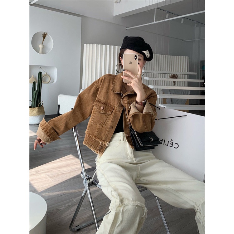 Áo Khoác Denim Dáng Ôm Ngắn Phong Cách Hàn Quốc Thời Trang Thu Xuân Dành Cho Nữ