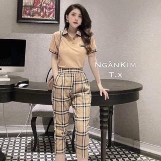 Sét bộ áo thun có cổ kèm quần lửng phối kẻ sọc Bbr burberry siêu hot. Mặc đi chơi, đi dạo phố cà phê cùng bạn bè