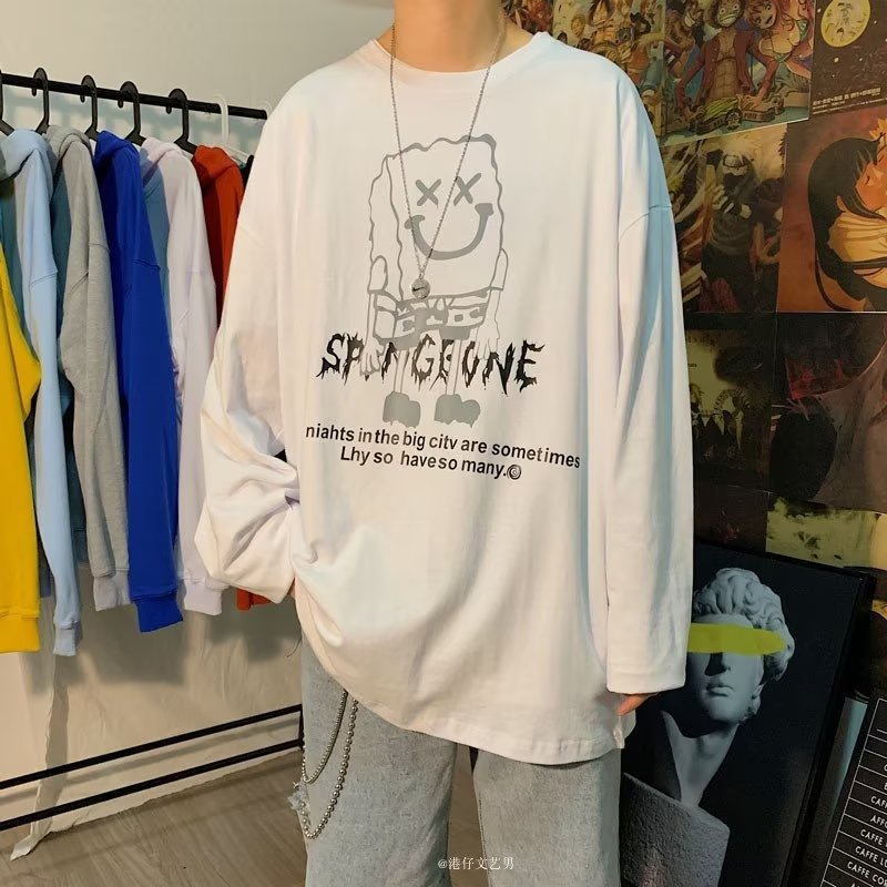 Áo Thun Tay Dài Dáng Rộng In Họa Tiết Hoạt Hình SpongeBob Size M-3XL Thời Trang Đường Phố Cho Nam Và Nữ