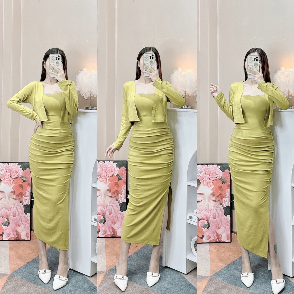 Set váy nữ thun body dáng dài kèm cadigan khoác nhẹ sexy quyến rủI Trần Hân Shop 4012381
