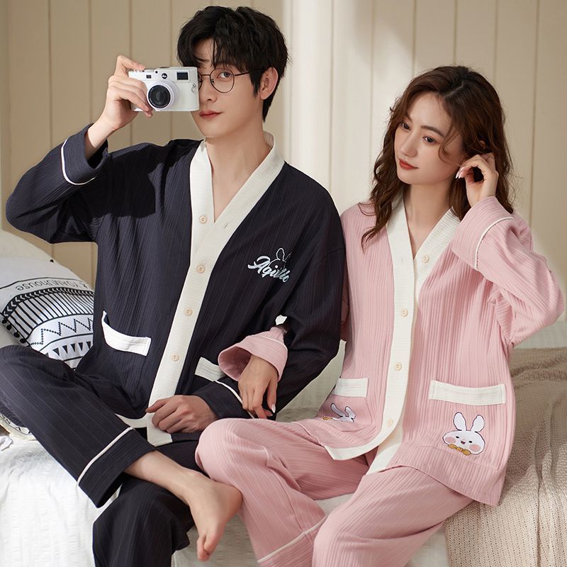 Bộ Đồ Ngủ Tay Dài Vải Cotton Kiểu Hàn Quốc Thời Trang Thu Đông Cho Các Cặp Đô