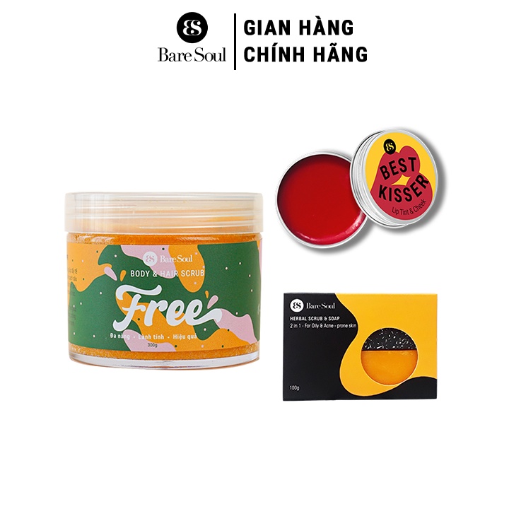 Combo Muối tắm gội BareSoul Free Body &amp; Hair Scrub 300g + Bánh xà phòng 100g + Son dưỡng Lip Tint &amp; Cheek 10