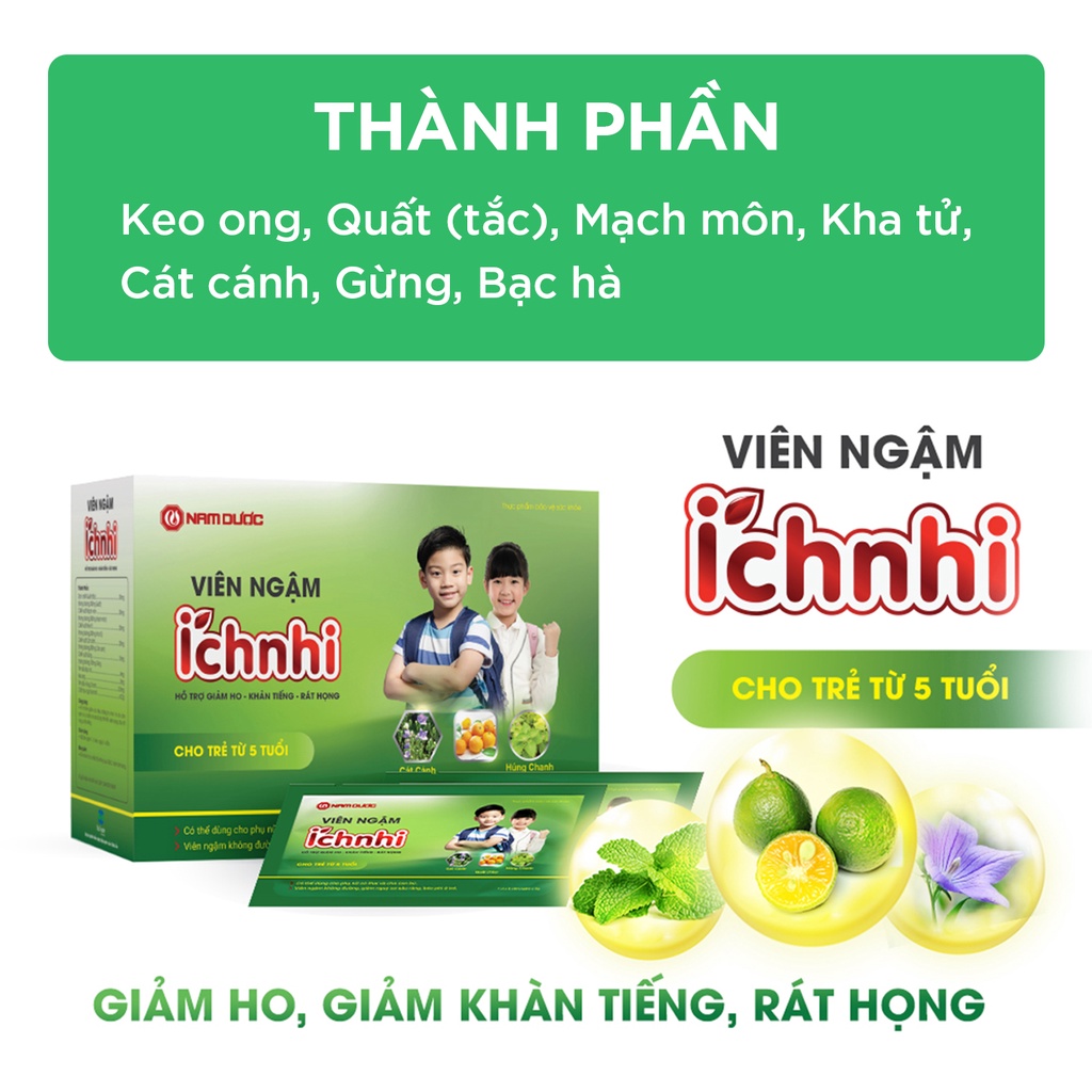 Viên ngậm Ích Nhi hộp 30 viên ngậm hỗ trợ giảm ho, đau họng, khàn tiếng cho trẻ em, phụ nữ có thai, cho con bú