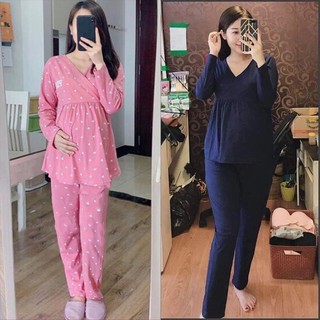 Bộ bầu và sau sinh DÀI TAY vén chéo ngực cho con bú Thu Đông, chất thun cotton mềm mịn cho bà bầu