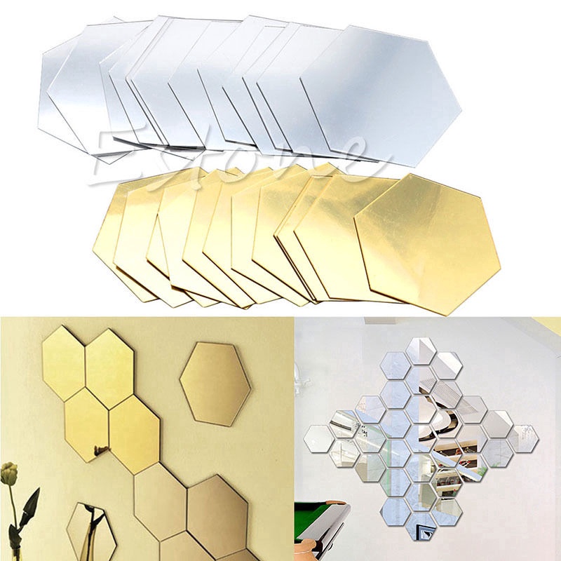 Bộ 12 Miếng Dán Tường Tráng Gương Hình Lục Giác 3D Màu Vàng / Bạc Họa Tiết Tổ Ong Độc Đáo Trang Trí Nhà Cửa / Văn Phòng / Phòng