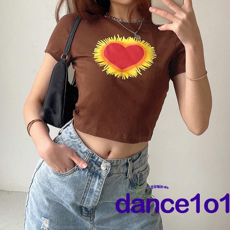 Áo thun tay ngắn cổ tròn in hình trái tim thời trang dành cho nữ