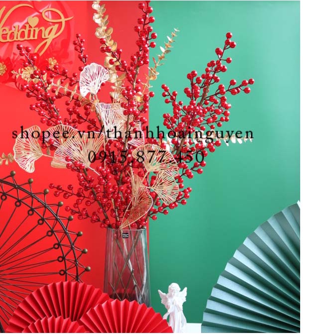 Set 5 Cành Đào Đông Đỏ To Đẹp Decor Trang Trí Cành Táo Vàng Rẻ Quạt