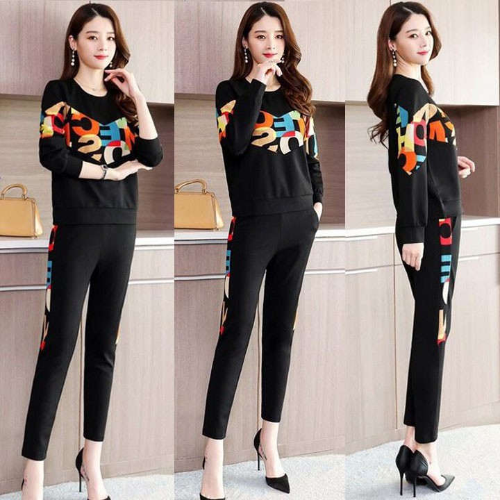 Bộ đồ thể thao thu đông_tay dài phối chữ TT439_thun cotton 100% mềm mịn