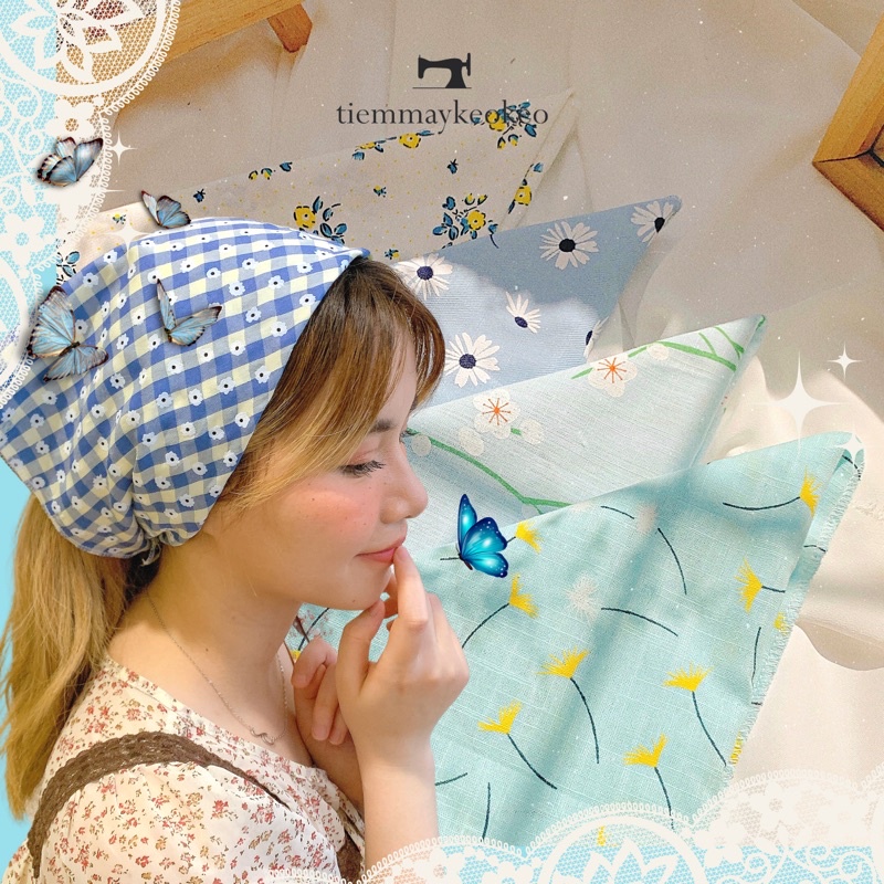 Khăn vải badana hoạ tiết vintage màu xanh hoa nhí - Khăn turban vải xanh hoa cúc - Khăn vải decor trang trí