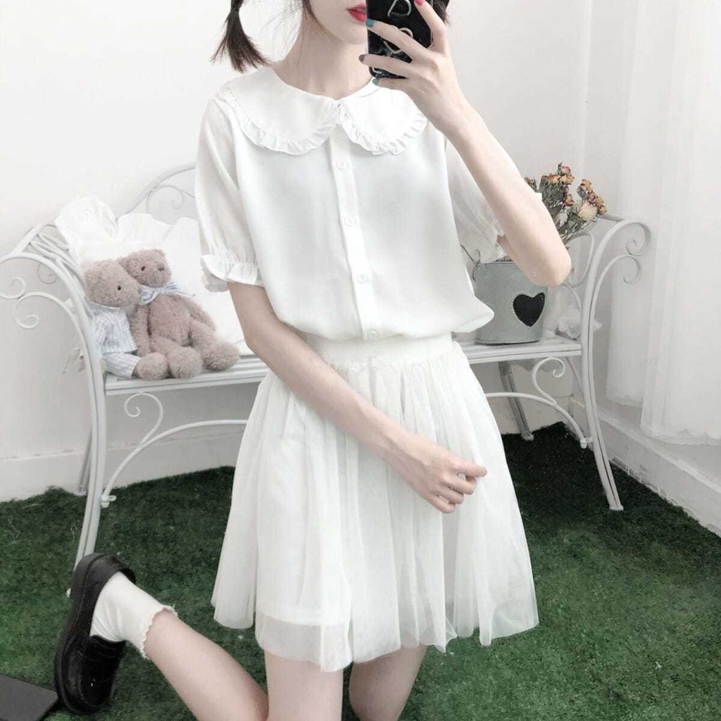Áo sơ mi trắng tay ngắn cổ búp bê phong cách Lolita Nhật Bản dễ thương dành cho nữ