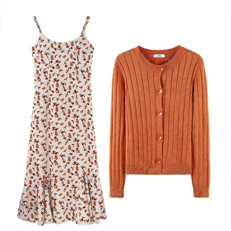 Váy hoa nhí dáng dài 2 dây 2022, Váy nữ đẹp đầm dáng xòe kết hợp áo cardigan len