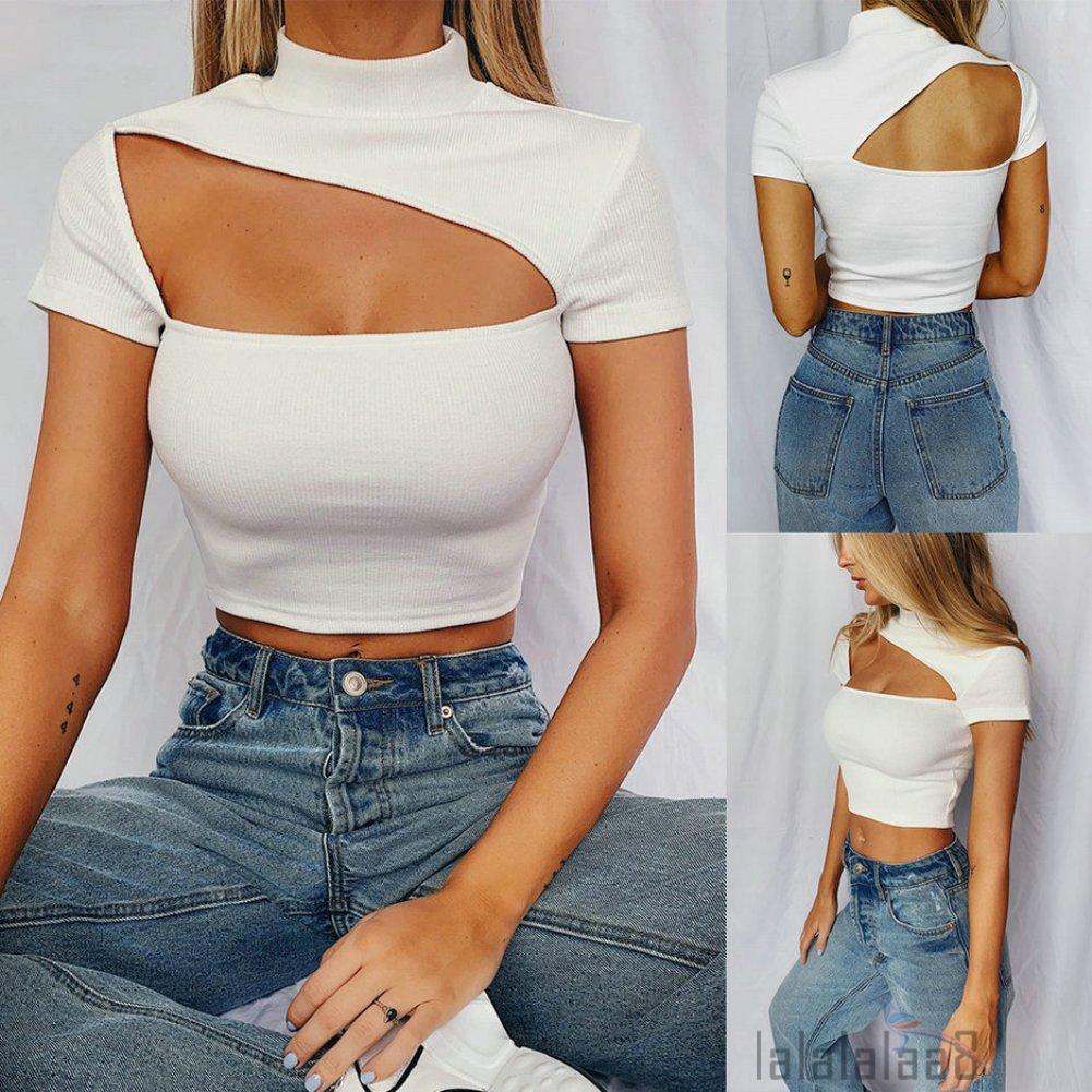 Áo croptop dệt kim khoét cổ ngắn tay màu trơn dánh mỏng cho nữ