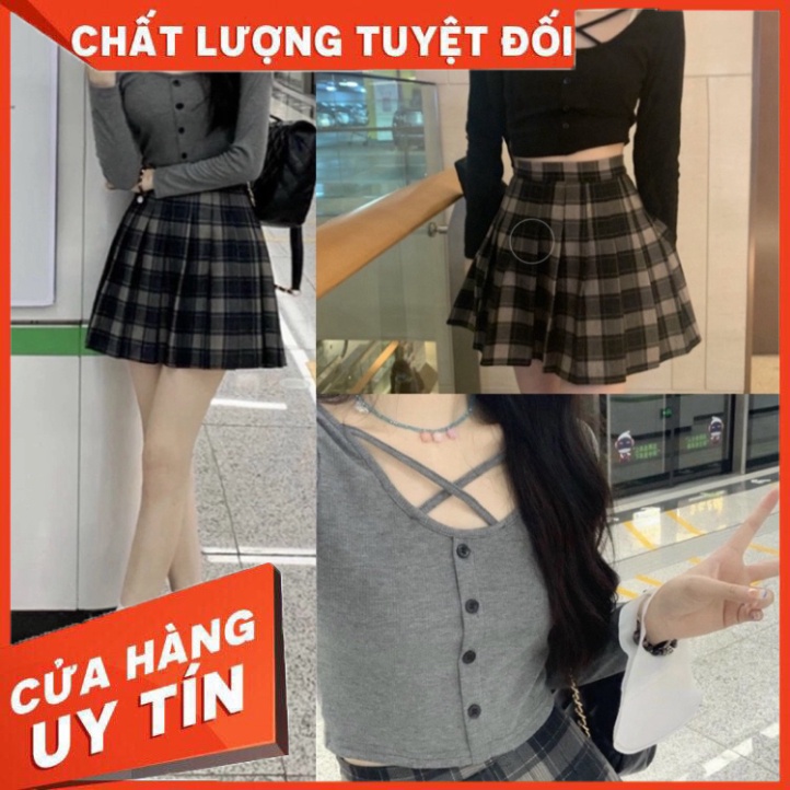 Set áo dài tay tăm + chân váy xếp ly dạ croptop - Hàng nhập khẩu