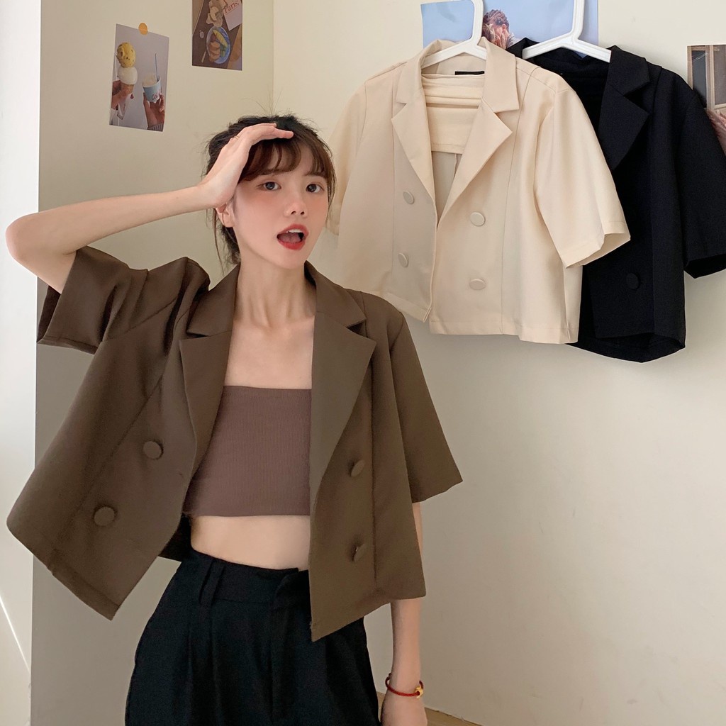 NUZIRO  Áo khoác blazer tay ngắn 3 màu sắc tùy chọn phong cách Hàn Quốc thời trang dành cho nữ