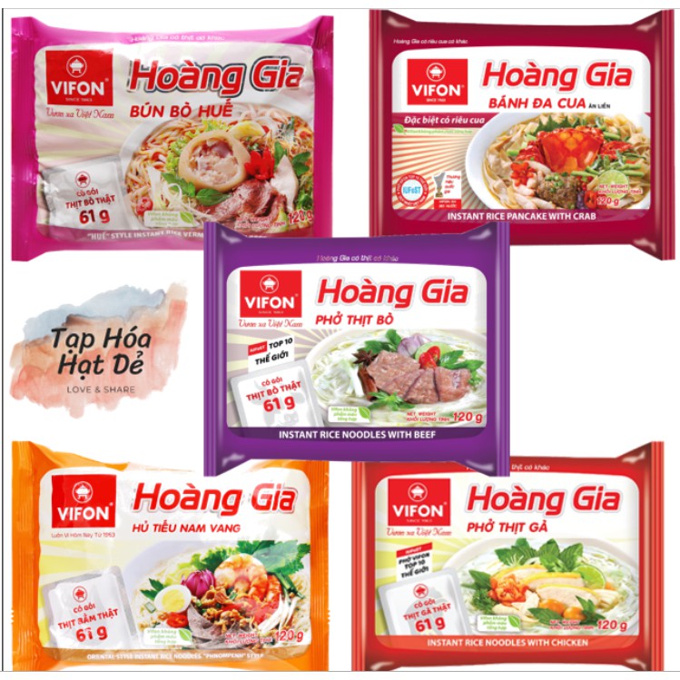 Set 5 gói Phở/ Bún bò Huế/ Bánh đa cua/ Hủ tiếu Nam Vang Hoàng Gia 120g