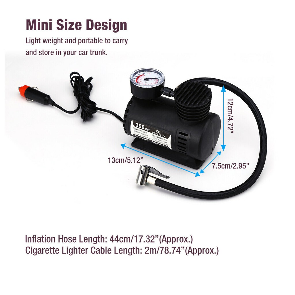 Máy Bơm Lốp Xe Hơi/Xe Đạp 300PSI Thiết Kế Nhỏ Gọn Tiện Dụng