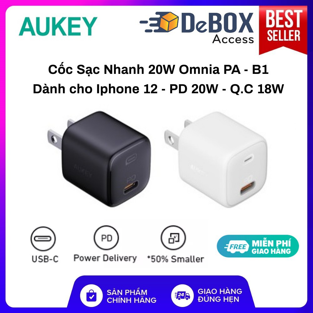 Combo AUKEY Cốc Sạc Nhanh iPhone 12 Series 20W Omnia PA-B1, Cáp C-Lightning CB-CL1 MFi, PD 22W Bảo hành 24T