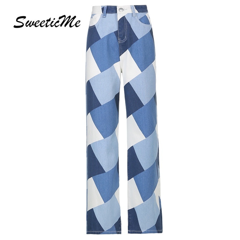 SweeticMe Women's 2021 New Diamond Pattern Denim Print Contrast High Waist Jeans